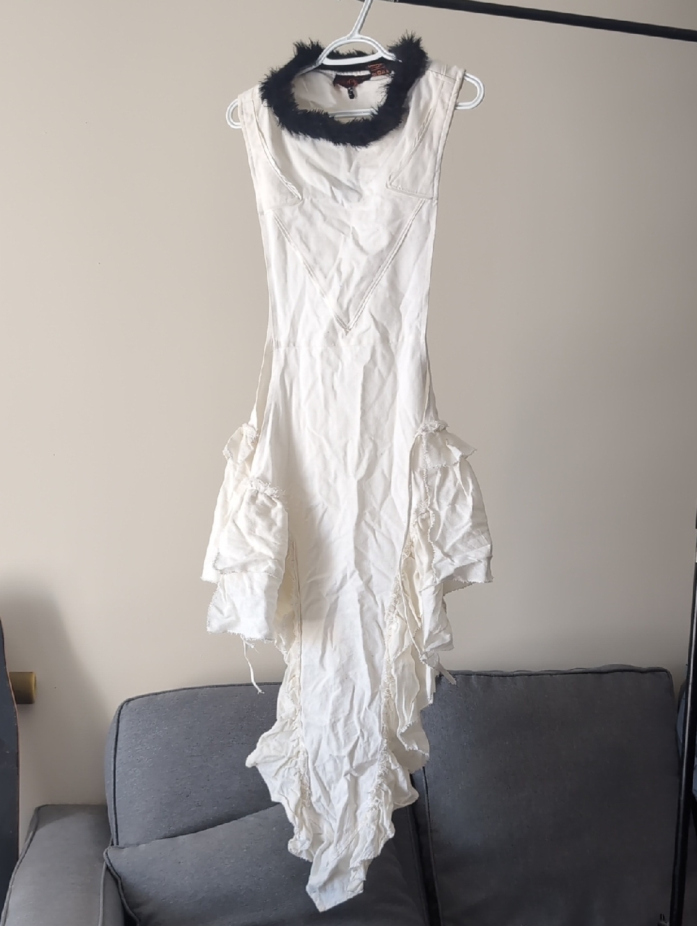 Epic Armoury fantasy LARP White Sleeveless Dress with Black Feather Trim